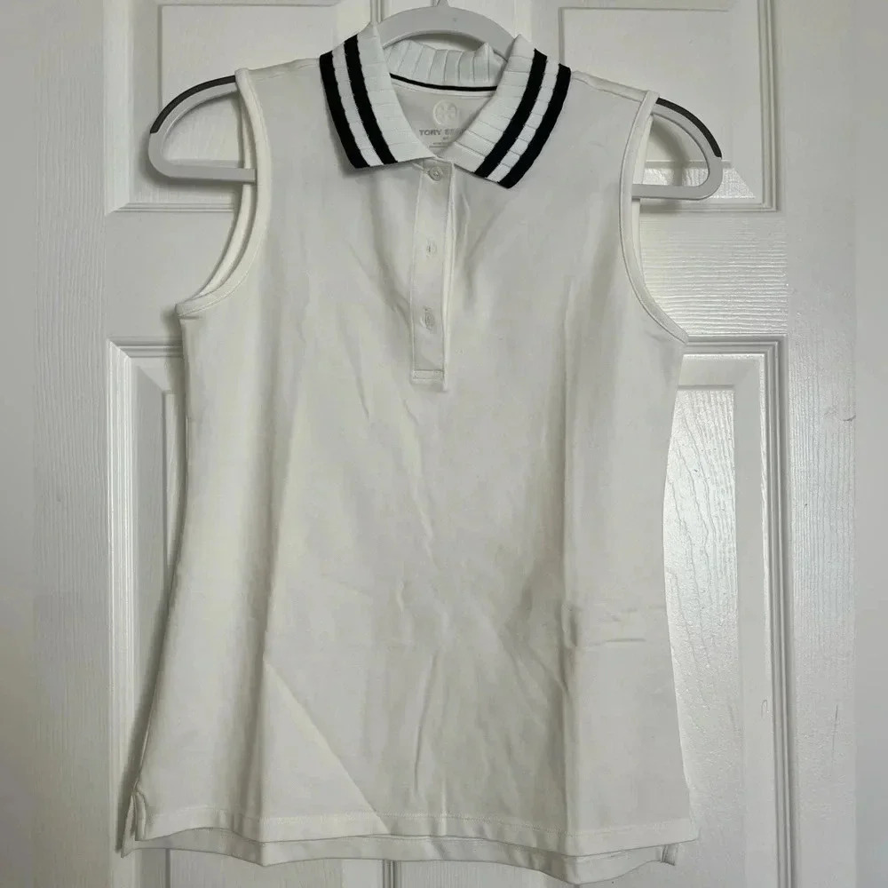 Tory Burch Performance Pleated Collar Sleeveless Polo